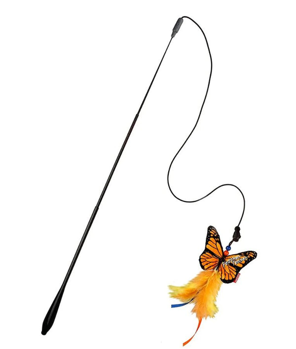 "Feather Teaser' Blue Fish+Yellow Butterfly Flexible Rod, with crinkle paper and catnip inside, feather+bell"