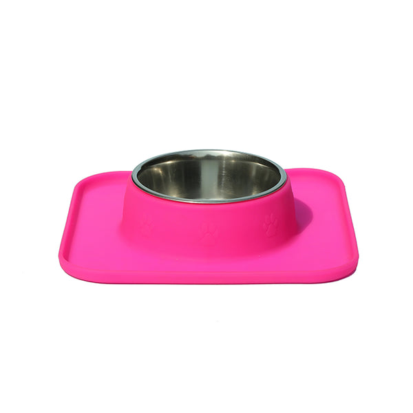 Square Silicon with Stainless Steel Pet Bowl-Hot Pink