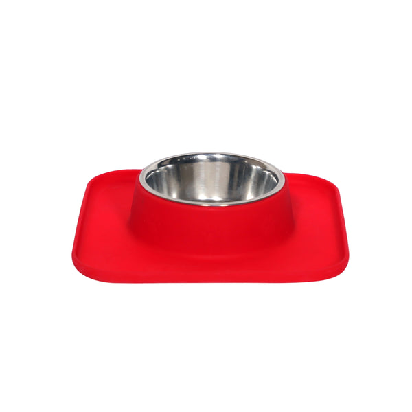 Square Silicon with Stainless Steel Pet Bowl- Red