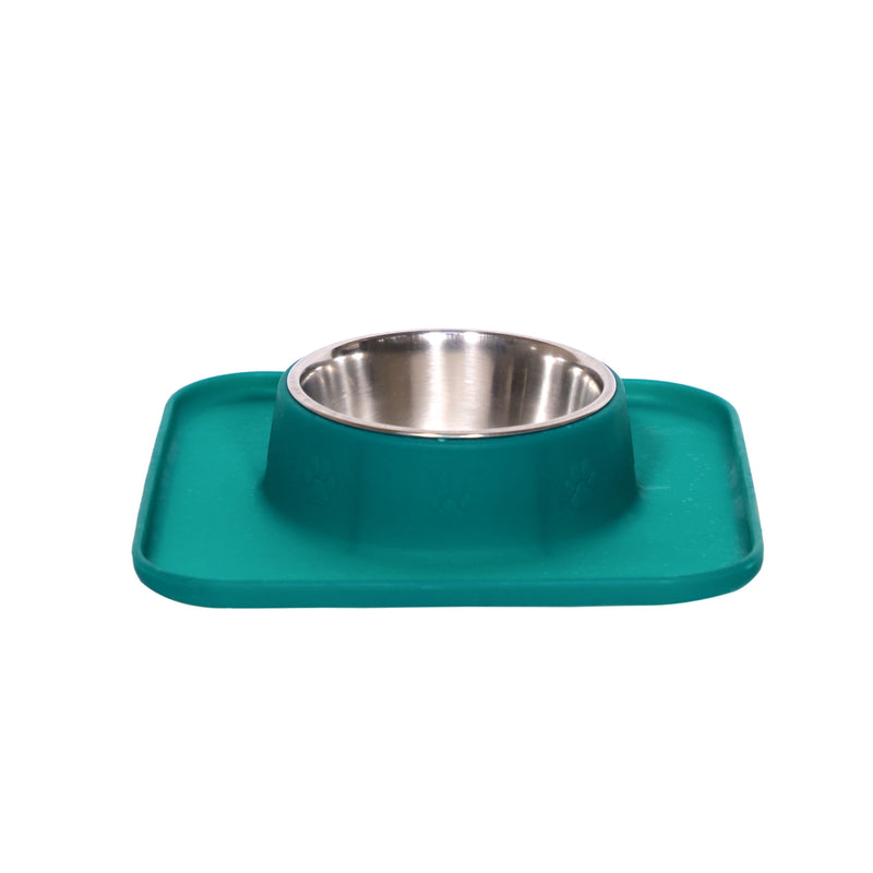 Square Silicon with Stainless Steel Pet Bowl - Green